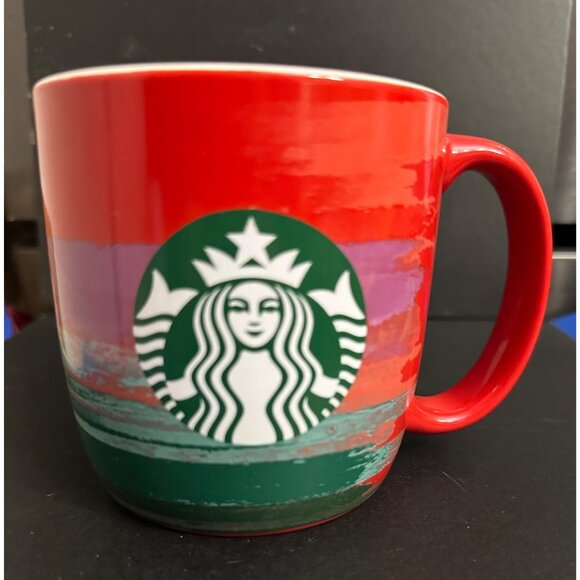 Starbucks Coffee Mug Cup 18 FL Oz Holiday Green Red Purple Brush Strokes - Picture 1 of 5